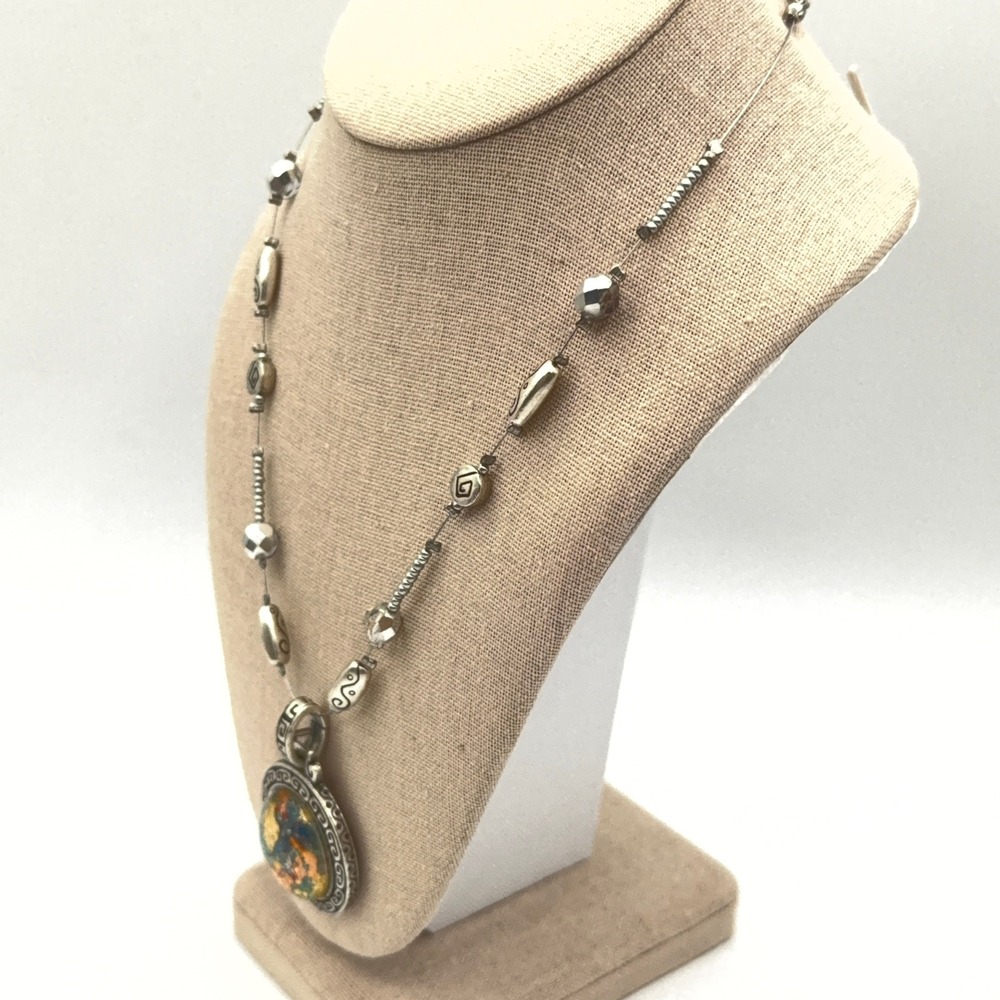 Chico's Pendant Necklace Silver Tone Multicolor Mosaic Foil Earthy Boho Artsy - Picture 5 of 13